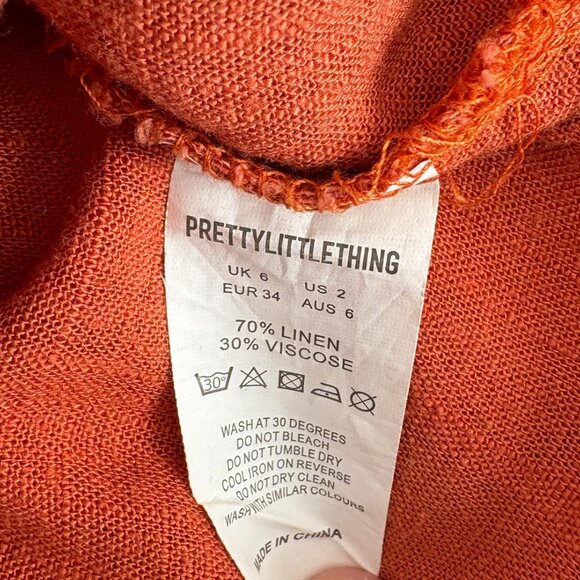 Pretty Little Thing Women's Orange Linen Crop top puffy sleeves size 2 - Picture 7 of 7